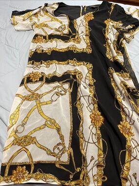 Thalia Sodi Black, Cream & Gold Chain-Print Midi Dress